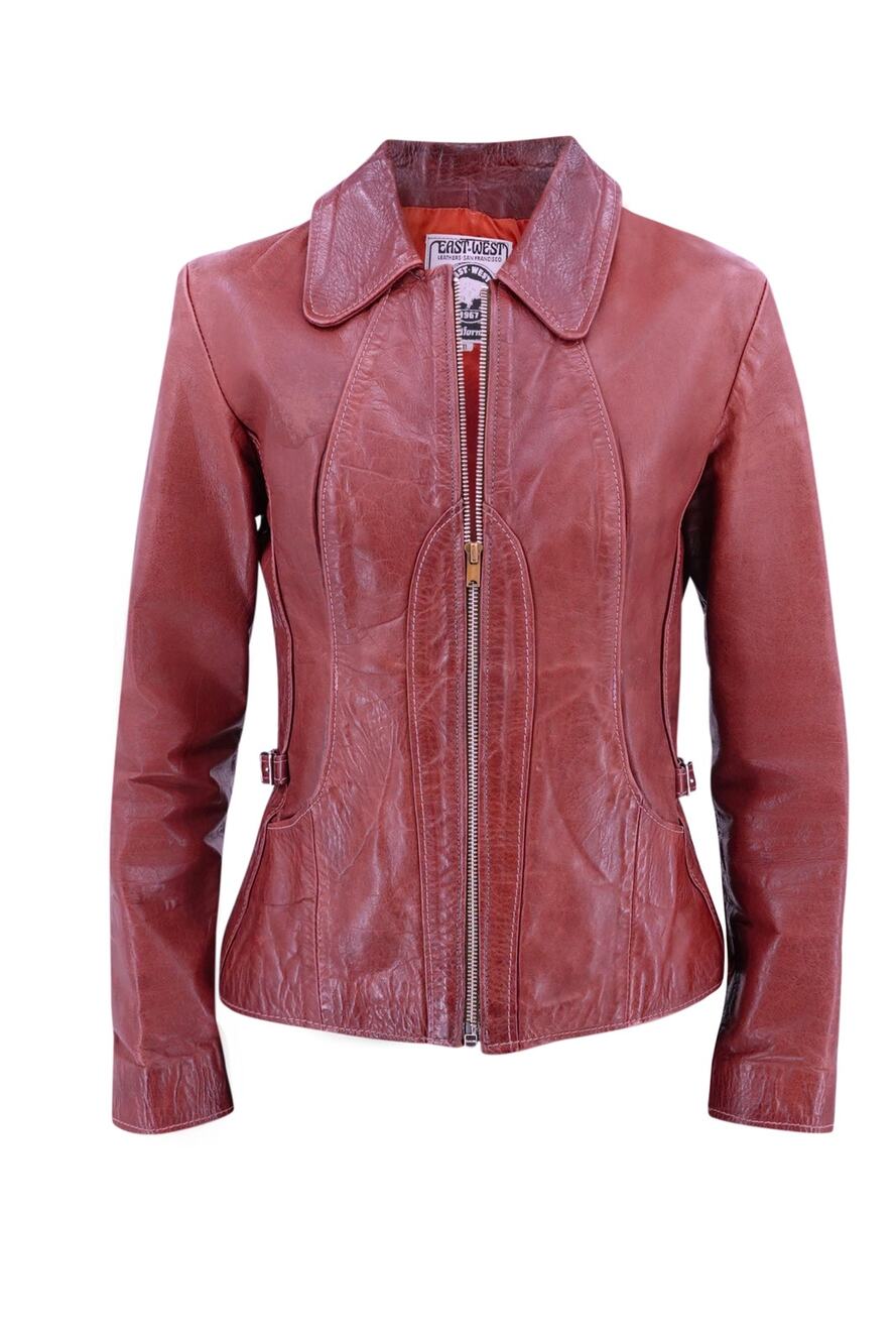 East West Musical Instruments Vtg 70s Rusty Burgundy Curved-Panel Leather Jacket